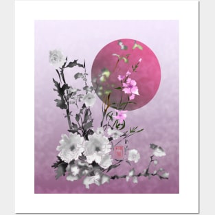 sumiE flowers and a big pink moon Posters and Art